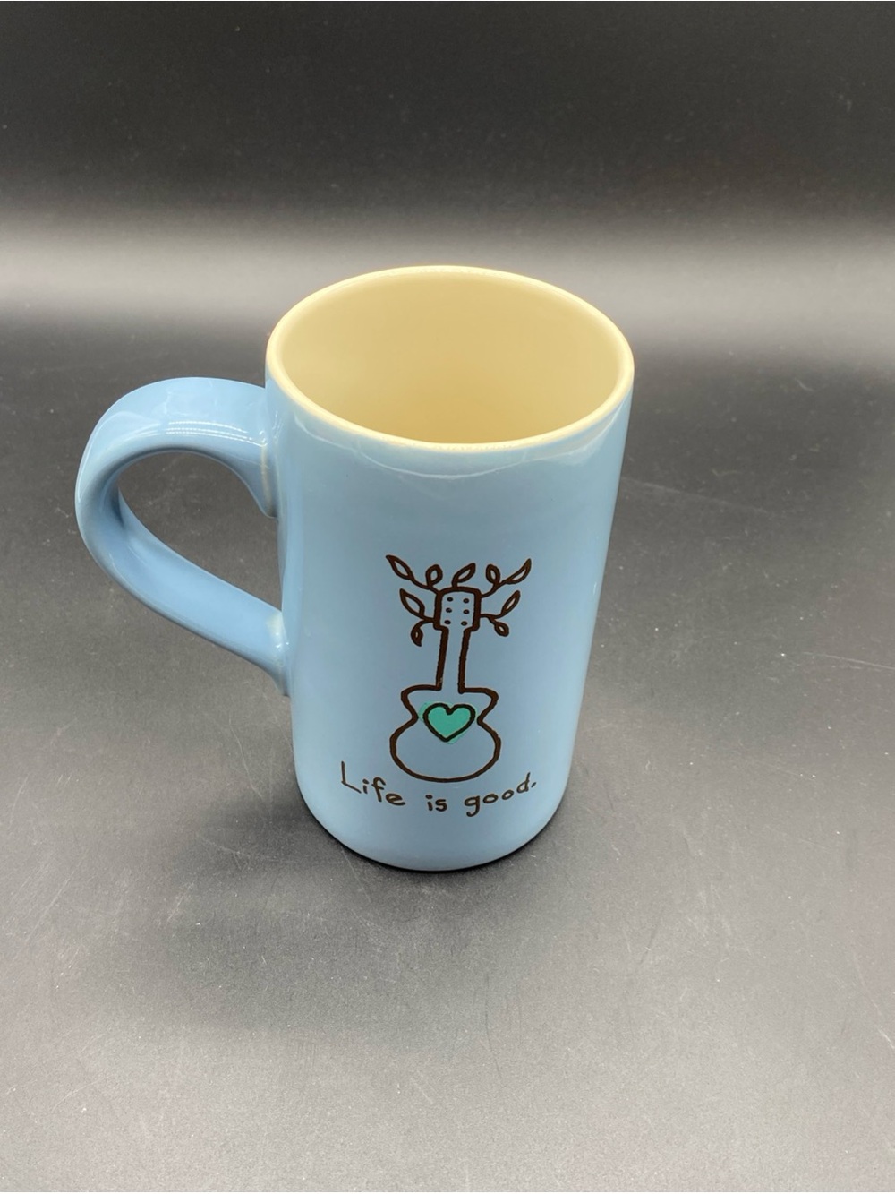 Life Is Good Blue Ceramic Mug with Guitar and Heart- 14 oz